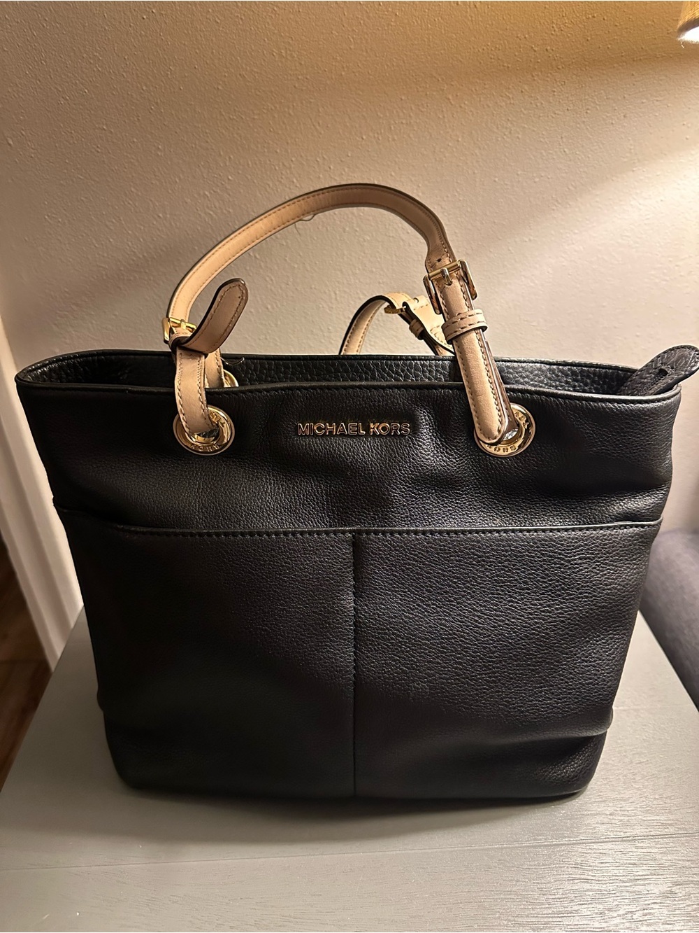 Michael Kors Black Leather Tote with Beige Top Handles